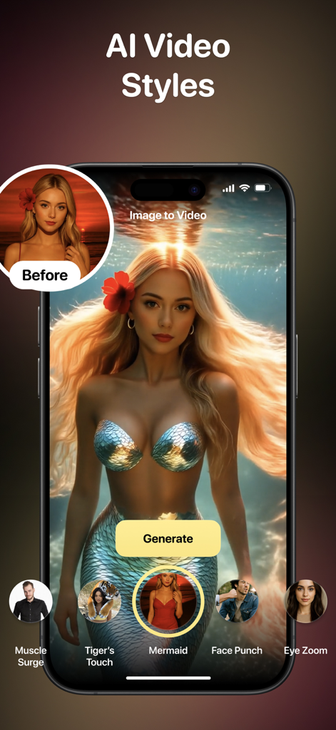 Interface of CloneAI app showing a woman portrait photo transformed into an AI-generated mermaid video style.