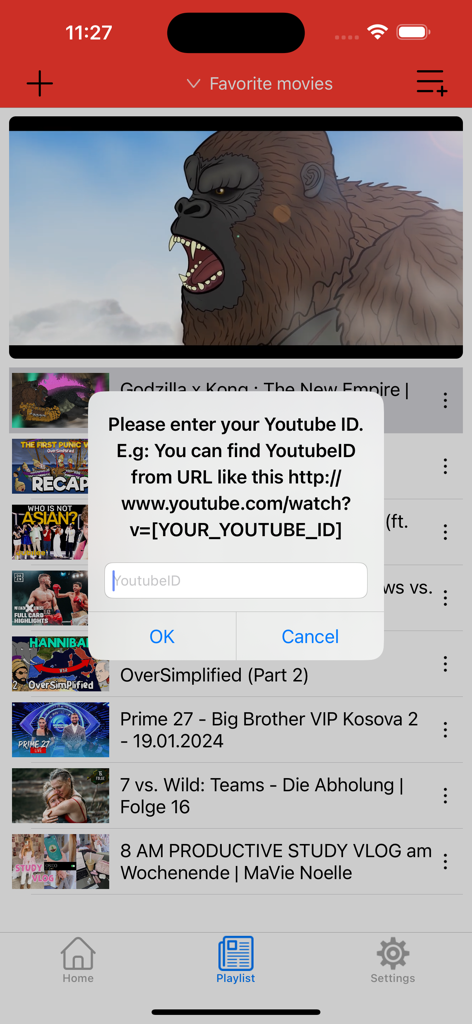 Mobile app screen showing a popup to enter a YouTube ID for adding videos to a personal playlist