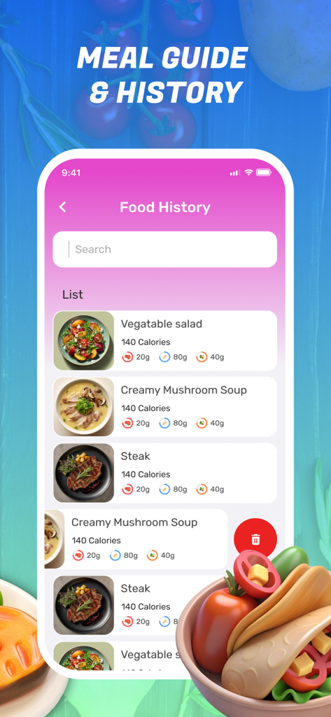 Calorie AI・Loss Weight Tracker - A food history screen in the Calorie AI app showing a list of tracked meals with calorie and macro data
