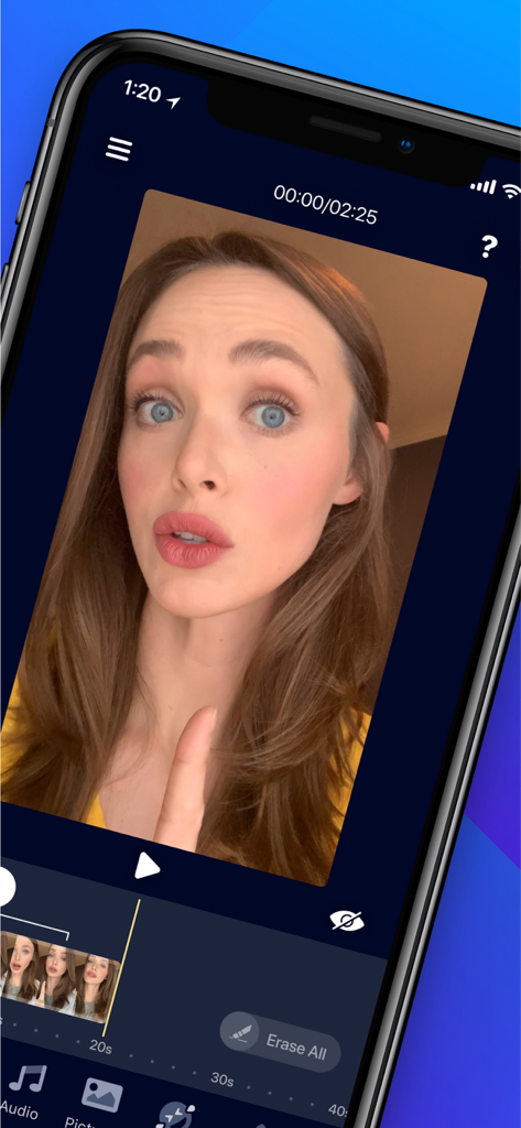 VideoEasy app interface showing a talking head video being edited on an iPhone.