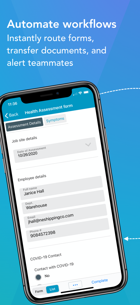 Interface do aplicativo móvel GoFormz mostrando um formulário digital de avaliação de saúde para automação de fluxo de trabalho