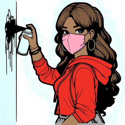 realistic girl with mask spray painting a wall
