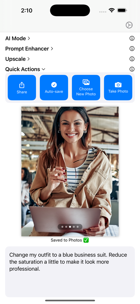 AI Photo Editing - AI Photo Editing app interface showing a natural language text prompt to change a portrait's outfit and saturation
