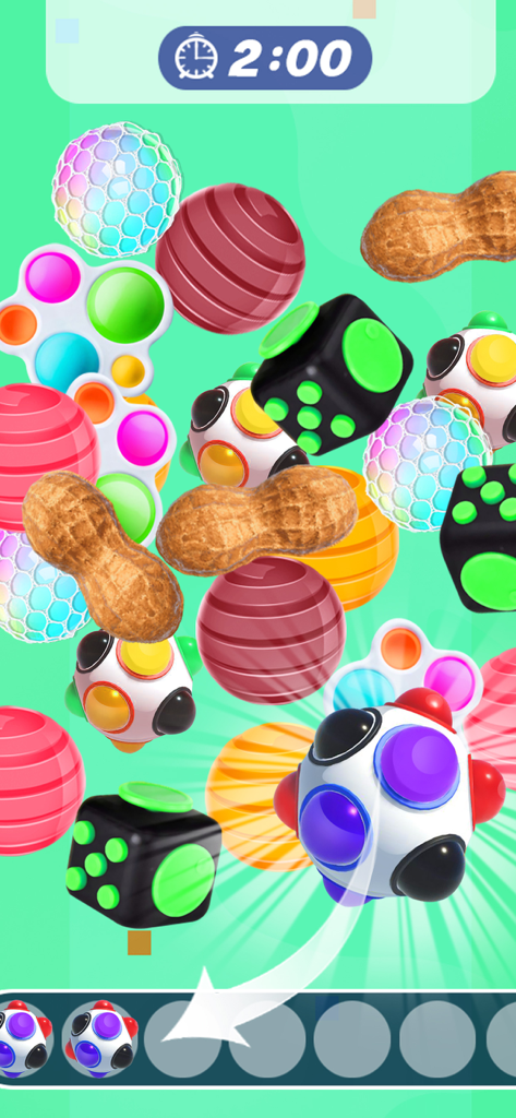 Squishy Fidget Toys - Unbox It - Gameplay screenshot of Squishy Fidget Toys showing various colorful items and a countdown timer