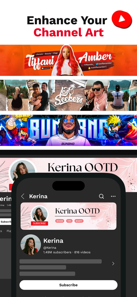 ライフスタイルやゲームなどのさまざまなニッチ向けのさまざまなYouTubeチャンネルバナーデザインを示すモバイル画面。