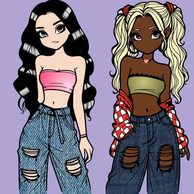 2 girls in crop tops and baggy jeans ripped