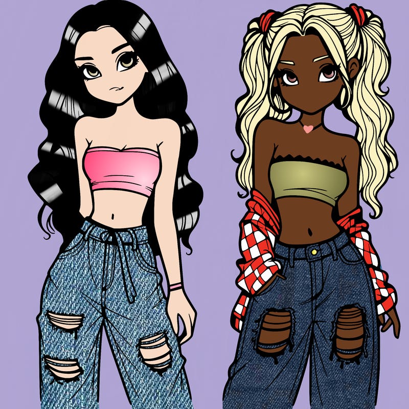 2 girls in crop tops and baggy jeans ripped