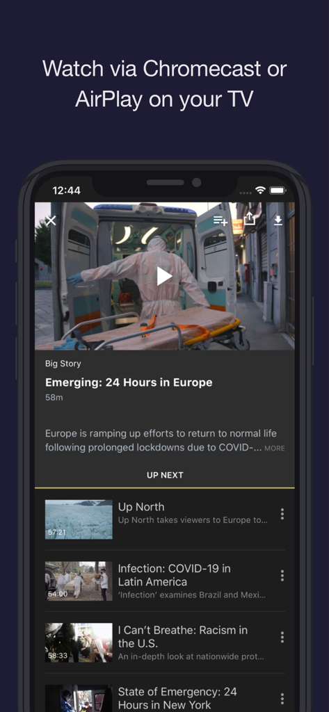 A mobile screenshot of the CGTN Now app showing a news video player with a list of global documentary episodes and an option to watch via Chromecast or AirPlay.