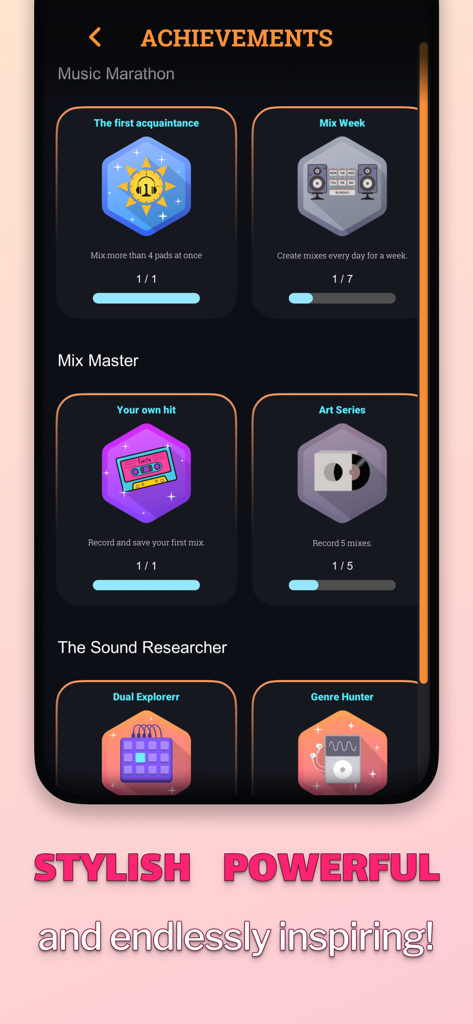 Rhythm Pads app achievements screen showing various music creation badges and milestones