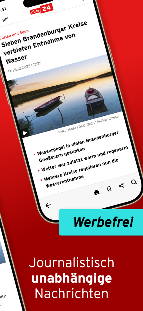 rbb24 – regionale Nachrichten - Interface of the rbb24 regional news app showing a local article about Brandenburg