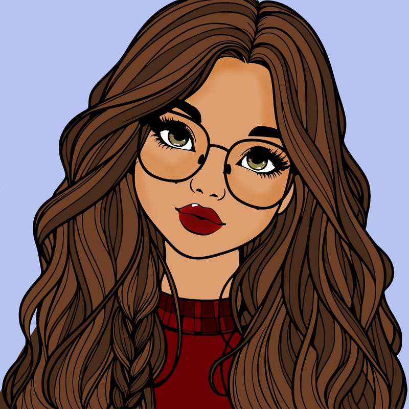 girl with long hair and freckles and glasses realistic