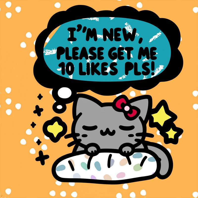 kitty taking a nap dream talking and saying "i'm new, please get me at least 10 likes pls!!"