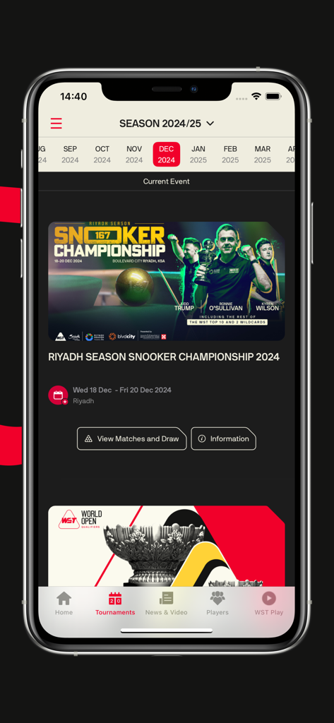 ワールド・スヌーカー・ツアーアプリのトーナメント画面、Riyadh Season Snooker Championship 2024 を表示
