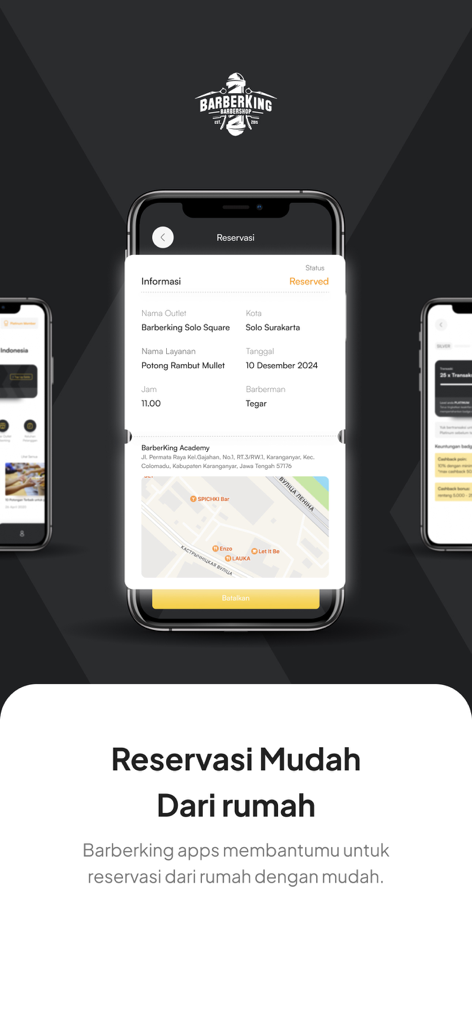 Barberking - Barberking app interface showing a confirmed barbershop reservation with appointment details and shop location