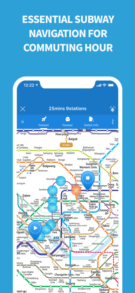 Subway Korea app showing a planned route on the Seoul subway map in English.