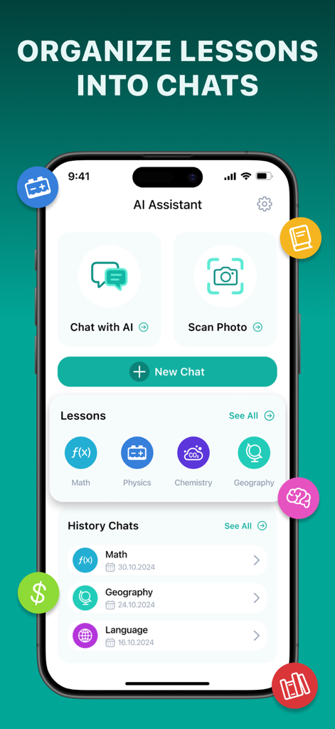 Homework Solver Chat AI Helper - Interfaz de la aplicación Solucionador de Tareas mostrando chats de estudio organizados para materias como matemáticas, física y química