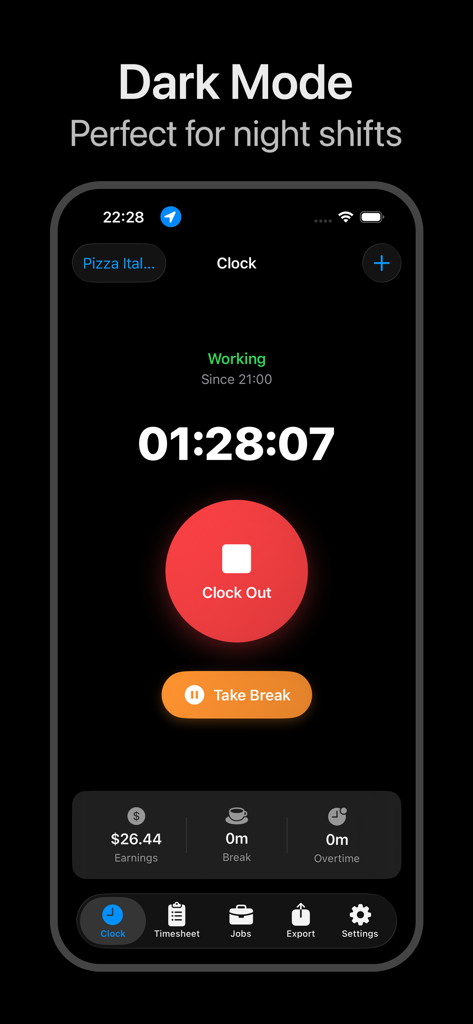 Hours Tracker app interface in dark mode featuring a real time clock and earnings calculation for night shifts