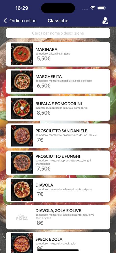 Daddy Pizza - Menu dell'app Daddy Pizza che mostra un elenco di pizze classiche con prezzi.
