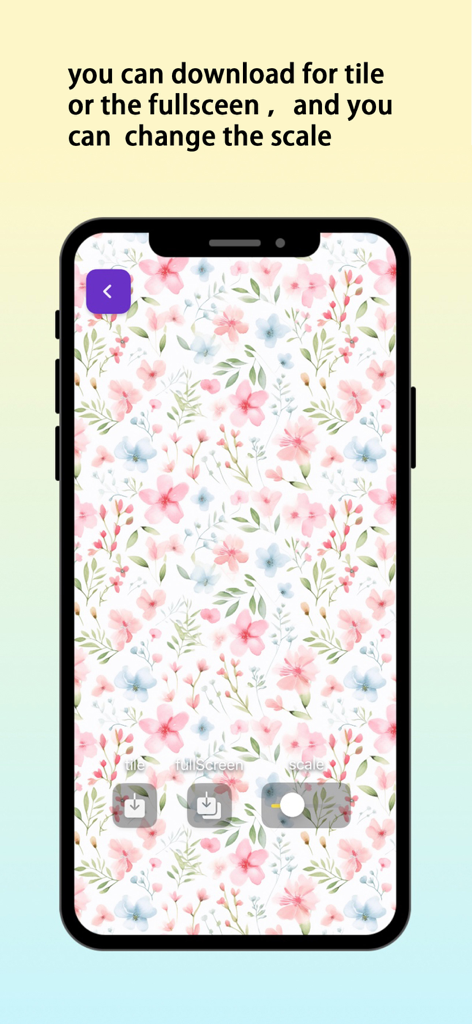 FloralTile -AI flower seamless - Vista previa de un patrón floral perfecto en rosa y verde en un smartphone con opciones de escala y descarga