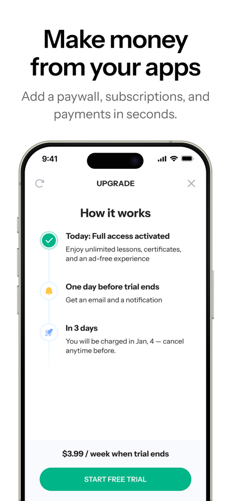 Anything - AI App Builder - Una pantalla de aplicación móvil que muestra cómo agregar muros de pago y suscripciones a una aplicación usando Anything AI App Builder