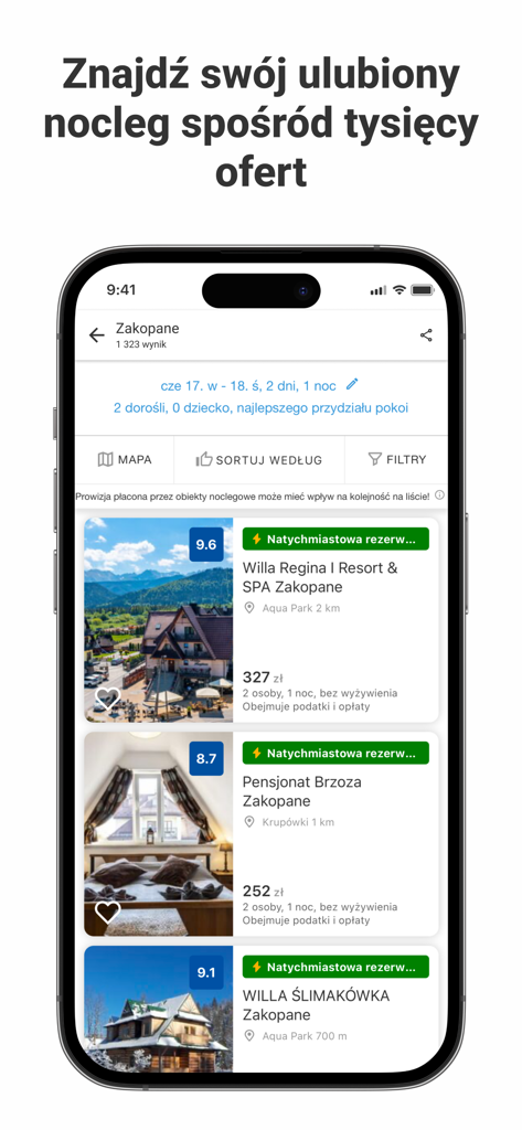 Smartphone-Bildschirm der Nocowanie.pl App, der Suchergebnisse für Unterkünfte in Zakopane, Polen, anzeigt