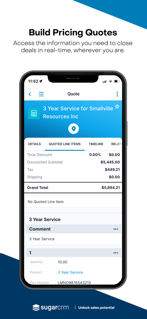 Interface do aplicativo móvel SugarCRM exibindo uma cotação de preço em tempo real para um contrato de serviço ao cliente