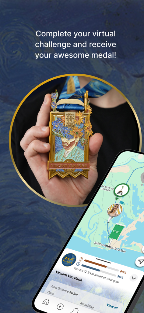 Hand holding a physical Vincent Van Gogh themed medal alongside a phone displaying a virtual fitness challenge map