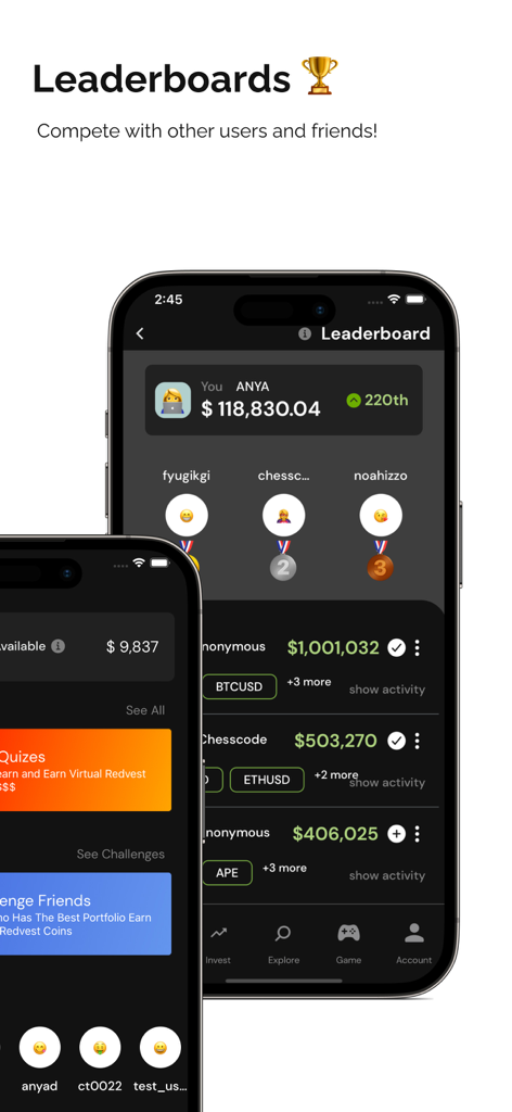 Redvest stock market simulator leaderboard screen showing user rankings and competitive virtual portfolio values