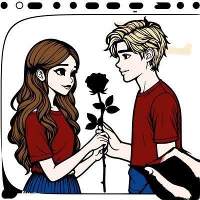 realistic girl with a rose giving it to a reaslistic boy