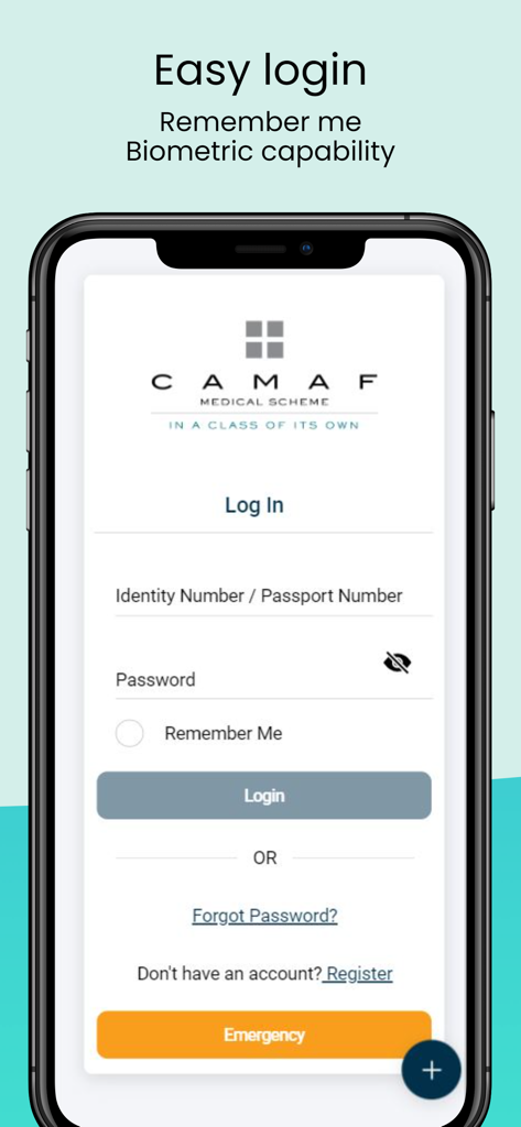 CAMAF medical aid app login screen featuring biometric login capability and a prominent orange emergency button