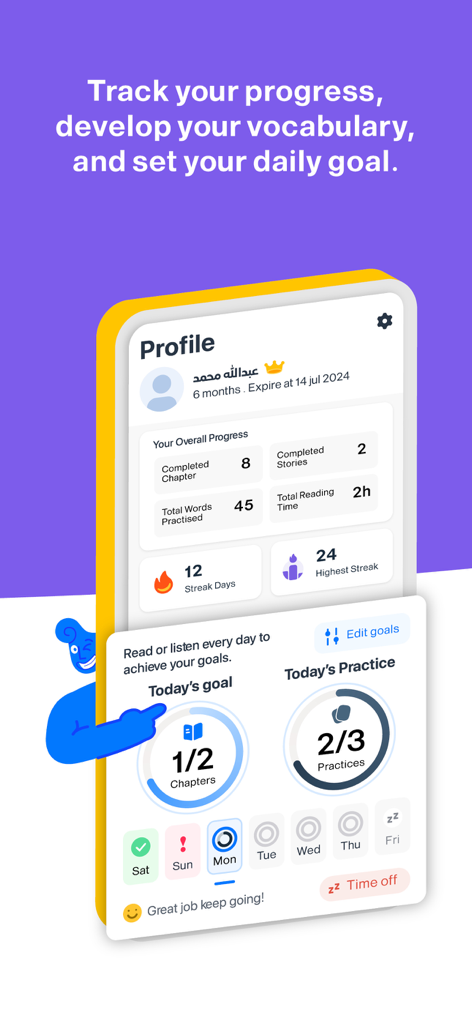 Learn English Easily - iStoria - Panel de iStoria que muestra estadísticas de progreso del usuario y rachas de objetivos de aprendizaje diario