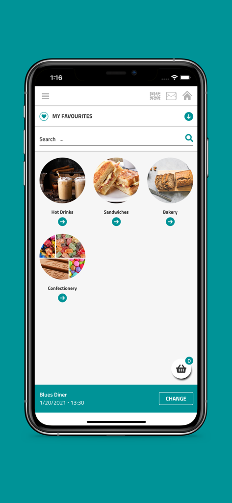 Upay - Payments & Loyalty - Upay app screen showing menu categories for hot drinks sandwiches bakery and confectionery