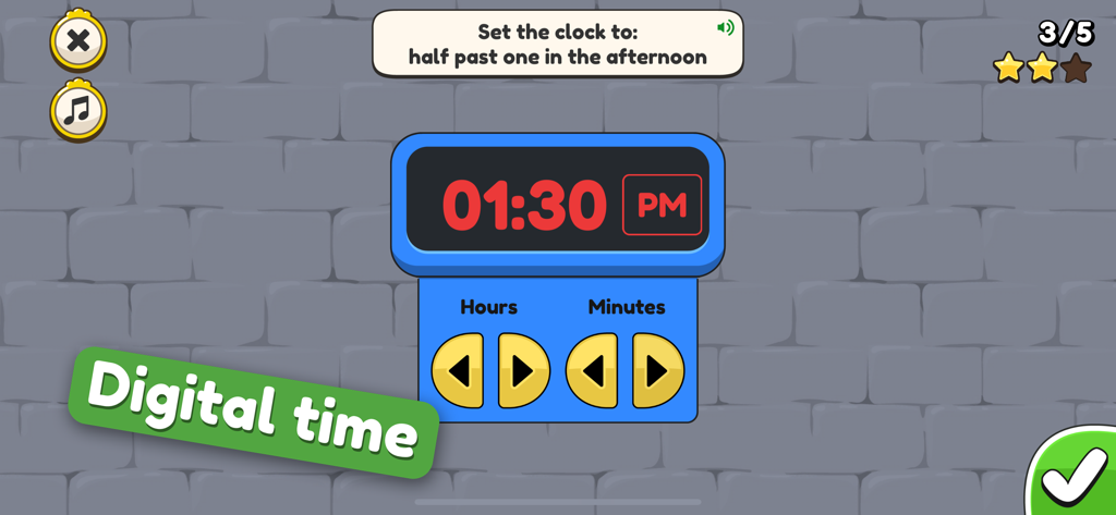King of Math: Telling Time - A digital clock exercise in the King of Math app showing one thirty PM with interactive buttons for hours and minutes.