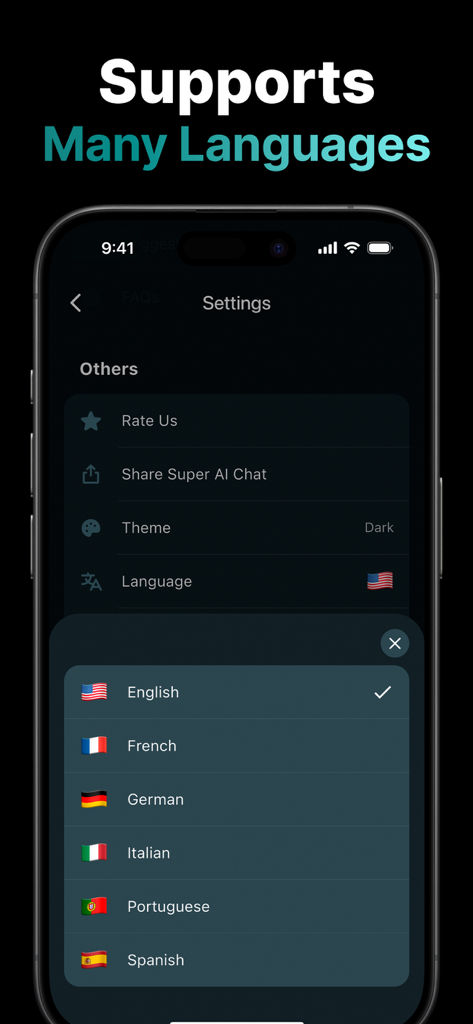 Interfaz de la aplicación Super AI Chat mostrando un menú de selección de idioma con banderas de inglés francés alemán italiano portugués y español