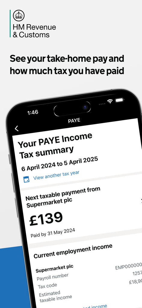 Captura de tela do aplicativo móvel da HMRC exibindo um resumo do imposto de renda PAYE e detalhes de um pagamento tributável