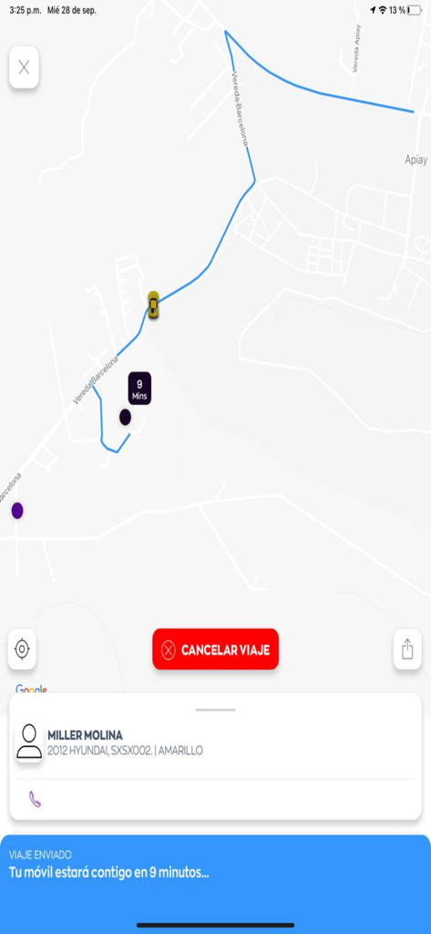 Taxi Estrella Villavicencio - Echtzeit-Taxi-Tracking-Karte in der Taxi Estrella Villavicencio App, die zeigt, dass ein Fahrer in 9 Minuten ankommt