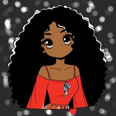 a black anime girl with long afro hair