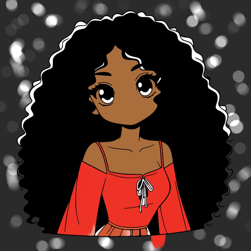 a black anime girl with long afro hair