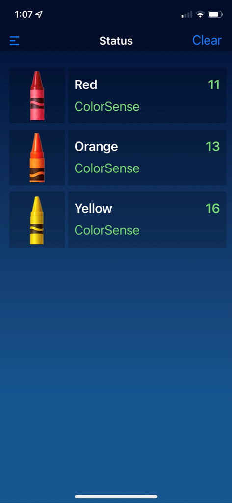 Unifi Thumper app screen displaying ColorSense status for red orange and yellow markers