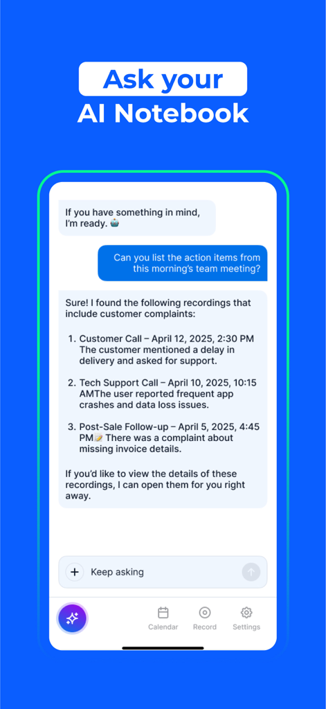 Interface do aplicativo AI Note Taker Flick mostrando uma interação de chat onde a IA resume os itens de ação da reunião e gravações
