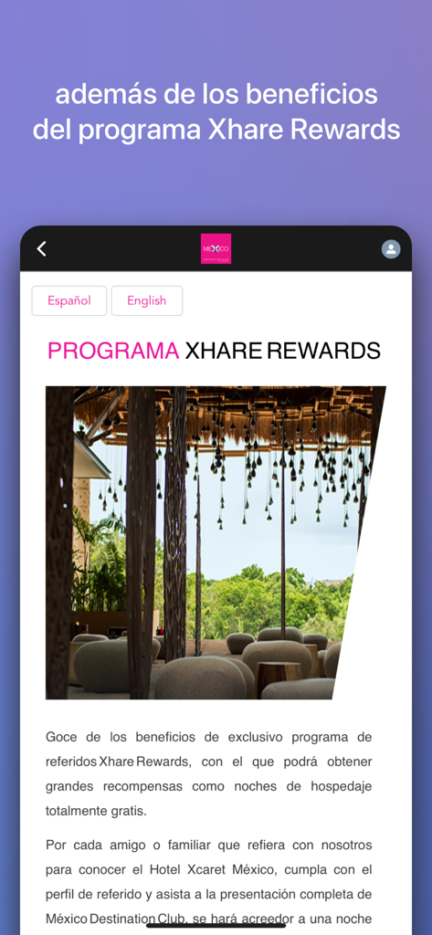 Mexico Destination Club app interface showing the Xhare Rewards referral program details