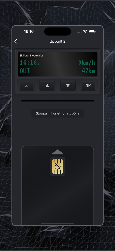 Skillster MyRide - Interface do simulador de tacógrafo no aplicativo Skillster MyRide mostrando um registro digital do motorista e um prompt de inserção de cartão.