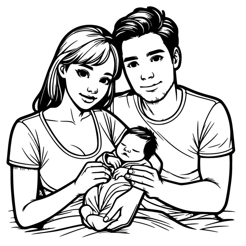 a realistic mother and father with their newborn baby