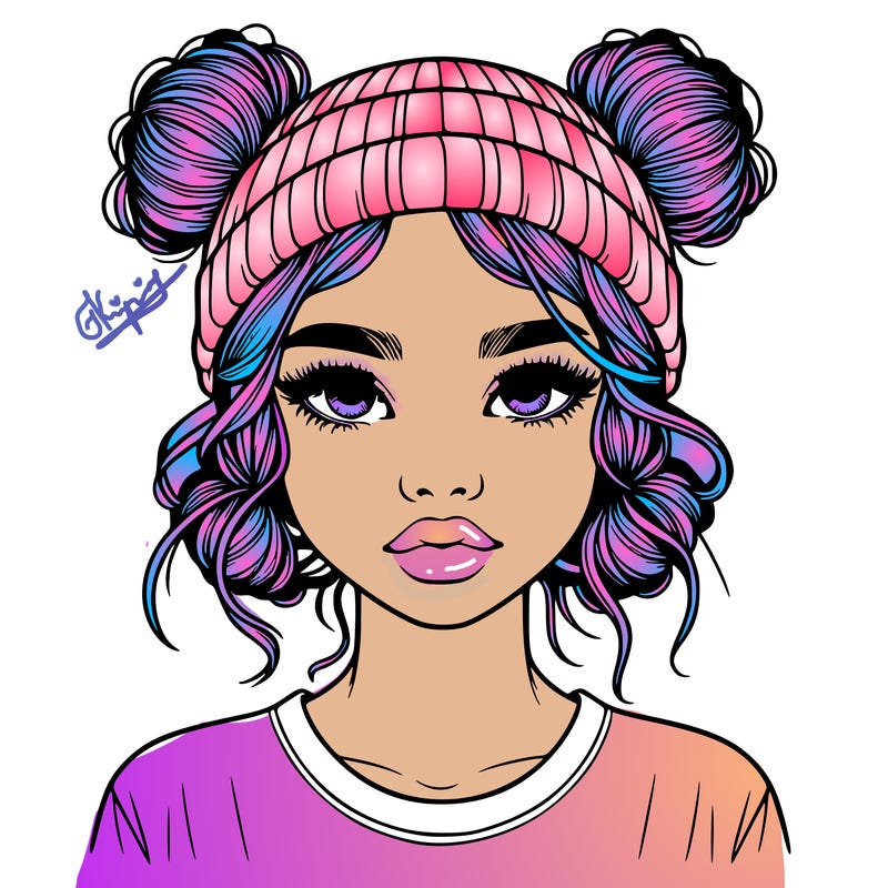realistic girl with buns in her hair with a beanie on