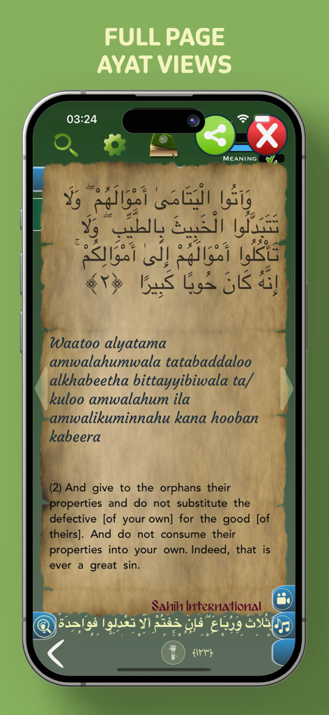Offline Quran Audio Reader Pro - Full page view of a Quran verse with Arabic text transliteration and English translation on an iPhone