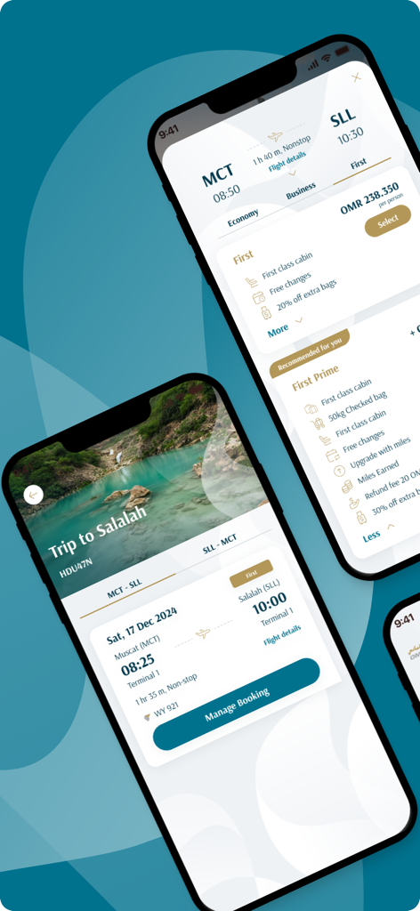 Interface de l'application mobile d'Oman Air affichant les détails de réservation de vol et les options de voyage premium pour un voyage à Salalah