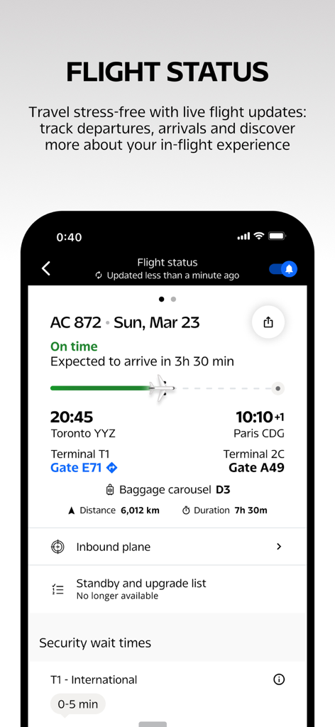 Air Canada app interface showing real-time flight status with departure and arrival gate details