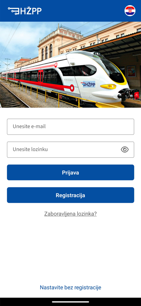 Login and registration screen of the HŽPP Croatian Railways mobile app featuring a train at a station.