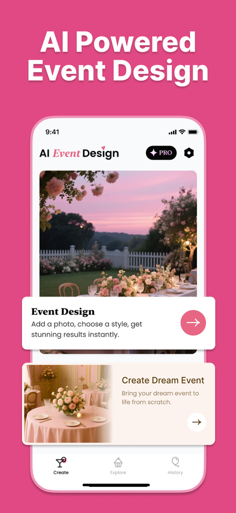 AI Event Planner~Party Design - AI Event Planner app interface showing event design options and floral party setups