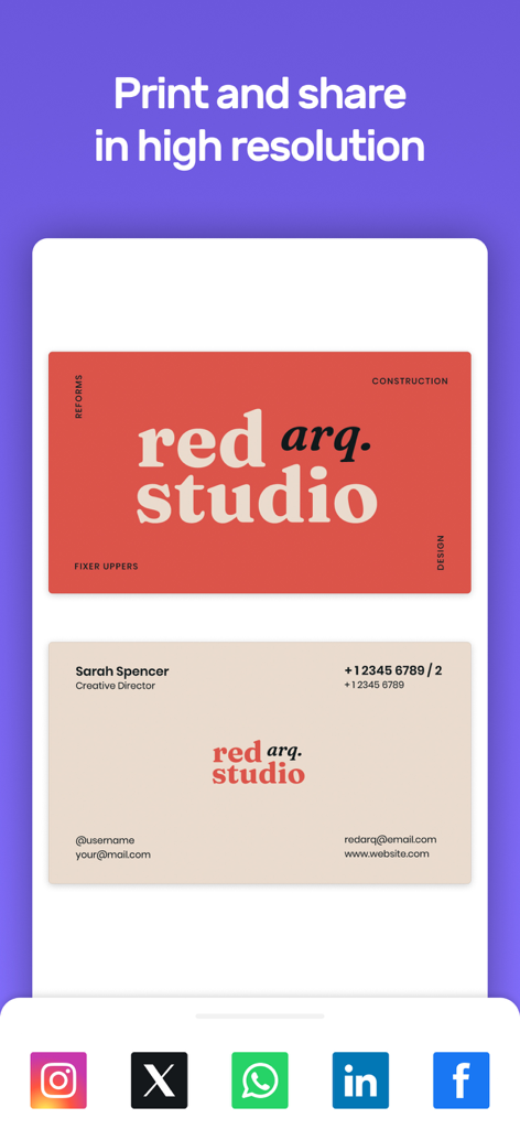 Business Card Design Maker - Vorschau des Visitenkarten-Designs mit hochauflösendem Druck und Optionen zum Teilen in sozialen Medien